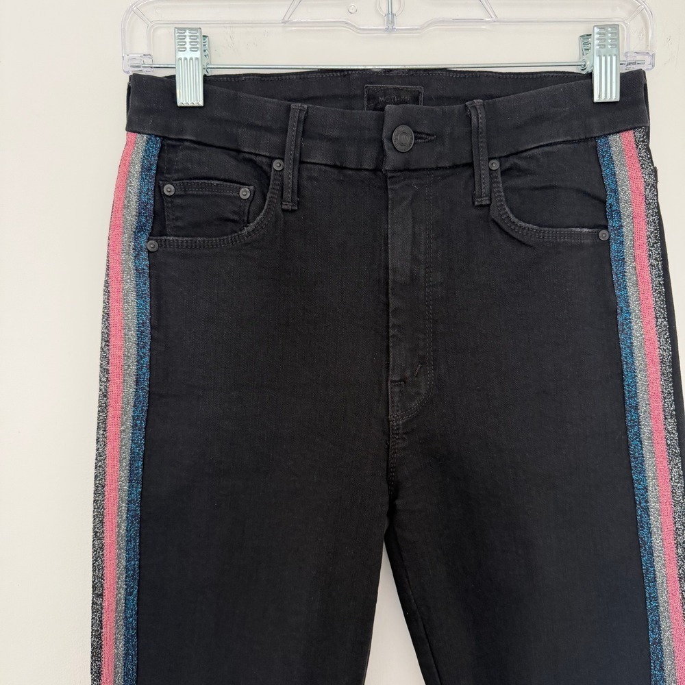 MOTHER Black High Rise Jeans Metallic Stripe Raw Hem Womens Size 27 - Picture 2 of 10